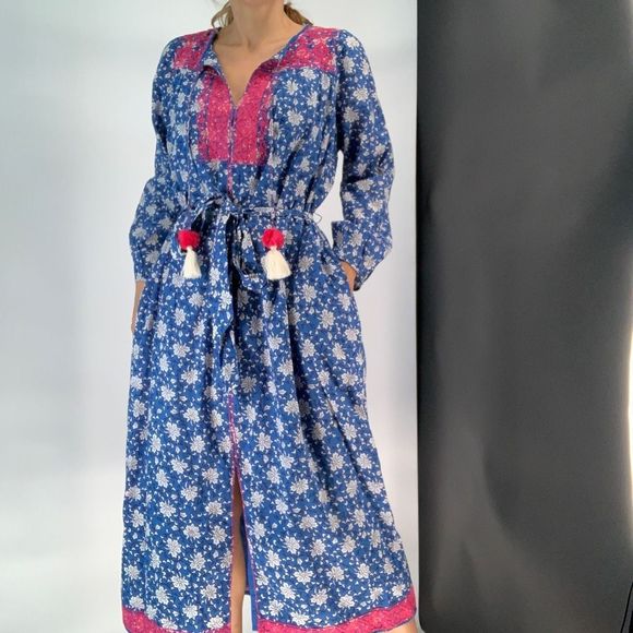 J. Crew Dresses & Skirts - J CREW maxi cotton dress belted tunic kaftan long blue with sleeve ap194 sz s